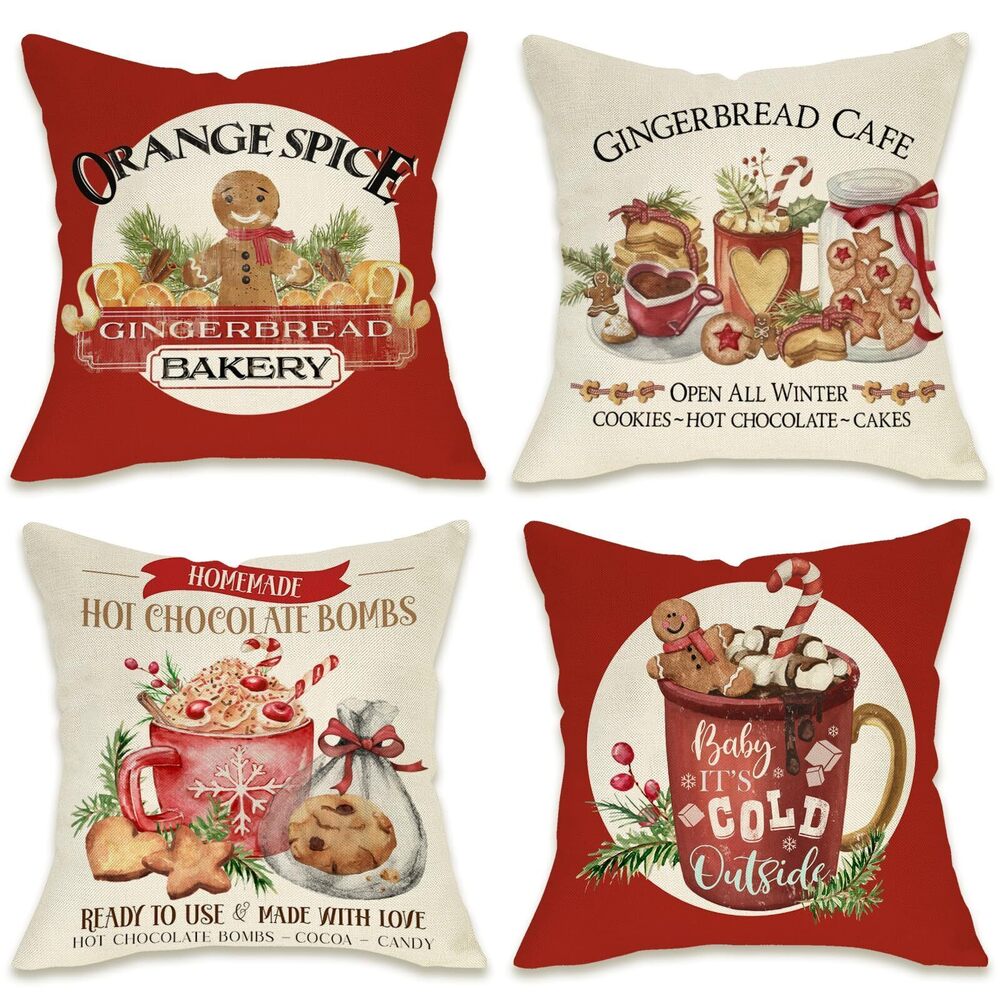 2390 Christmas Gingerbread Red Decorative Throw Pillow Covers 18 x 18 Set